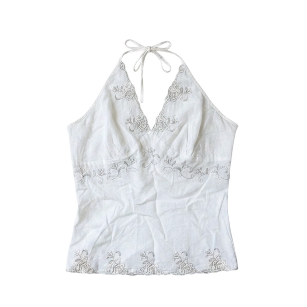 Y2k Agaci Too White Linen Halter Top Embroidered Sequin Floral V-Neck medium